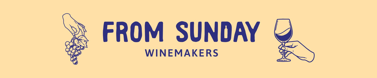 From Sunday Winemakers logo between hand-drawn illustrations of a bunch of grapes and a glass of red wine