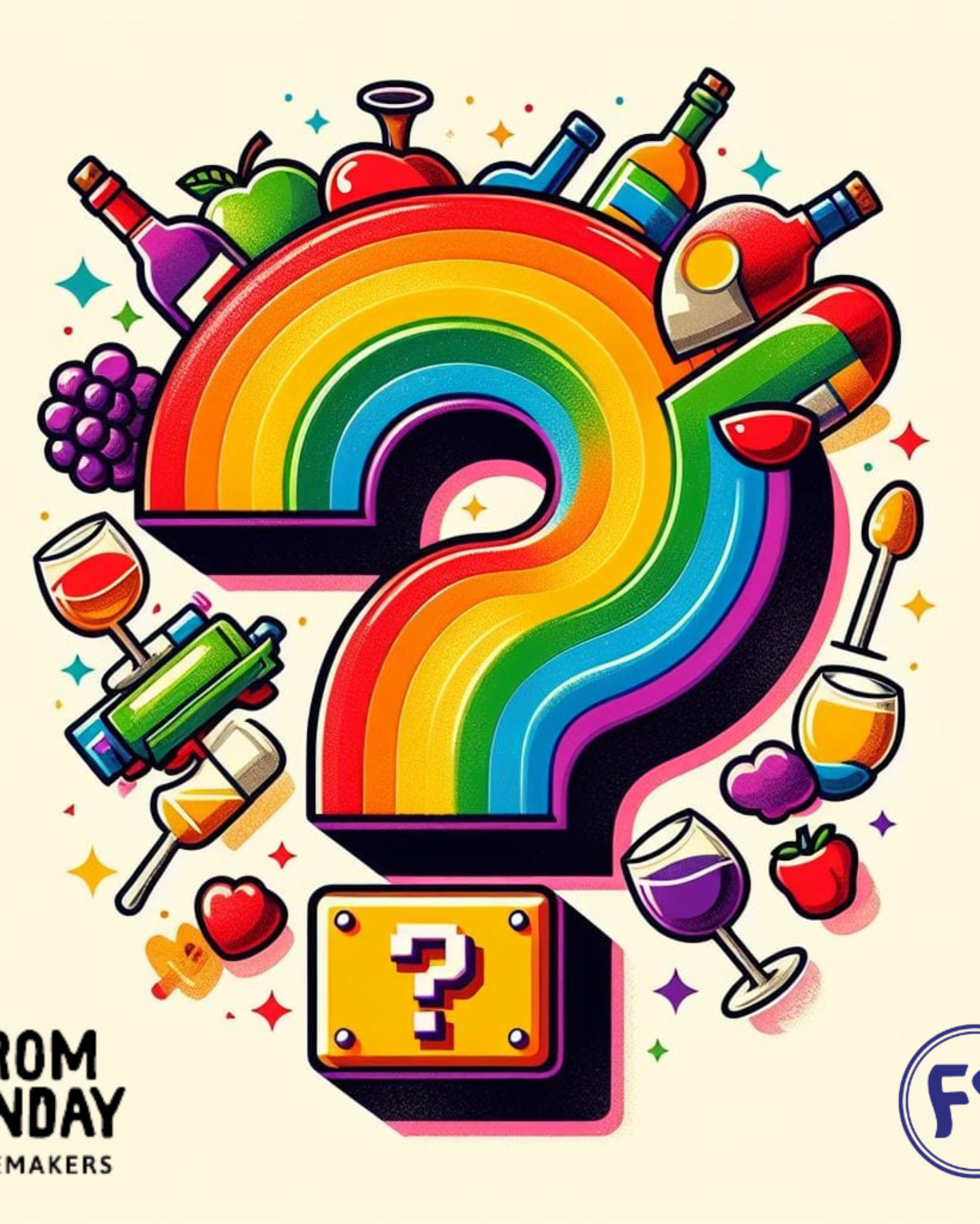 Colorful rainbow question mark with various icons around it on a beige background. wine mystery box