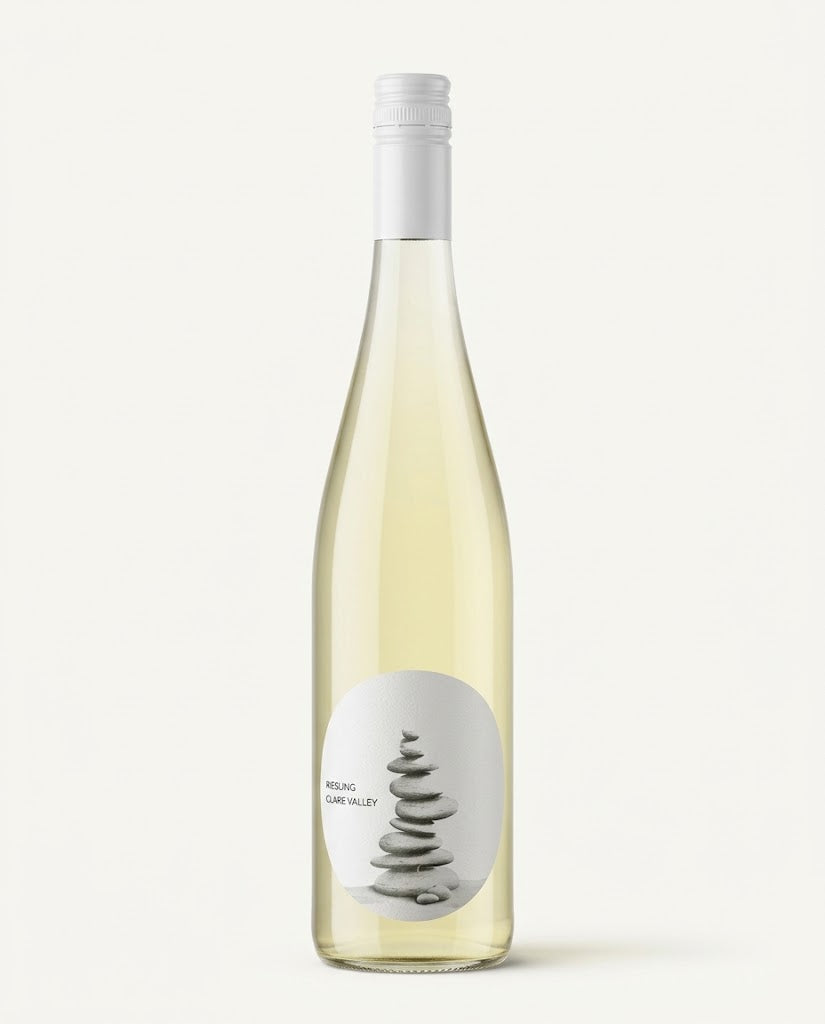 Géologie Riesling Clare Valley bottle, tall clear flute with silver screwcap and white label showing stacked stones
