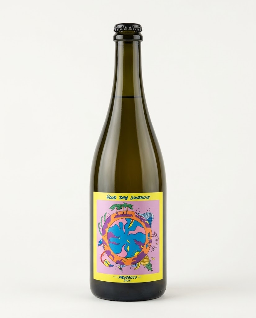 Good Day Sunshine Prosecco 2024 bottle, green glass with crown cap and a bright yellow and pink illustrated label