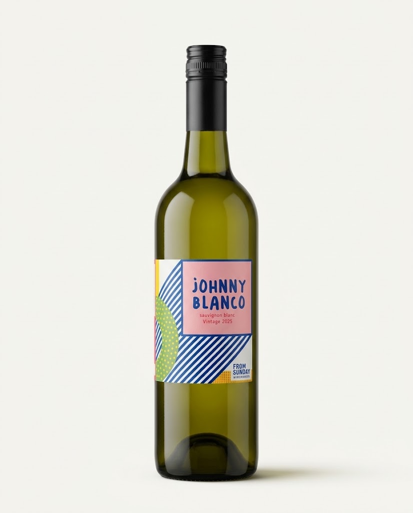 Johnny Blanco Sauvignon Blanc 2025 bottle, green glass with black screwcap and a pink, blue and yellow geometric label
