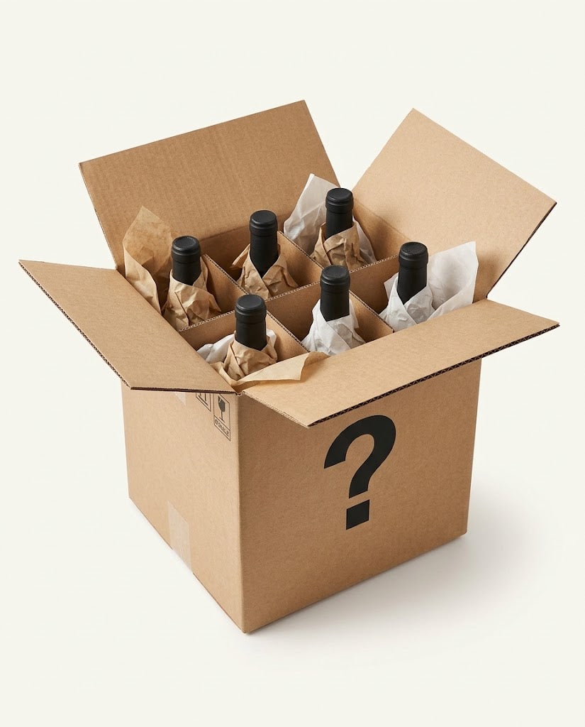 Open cardboard wine box with six bottles and a question mark, From Sunday Mystery Box