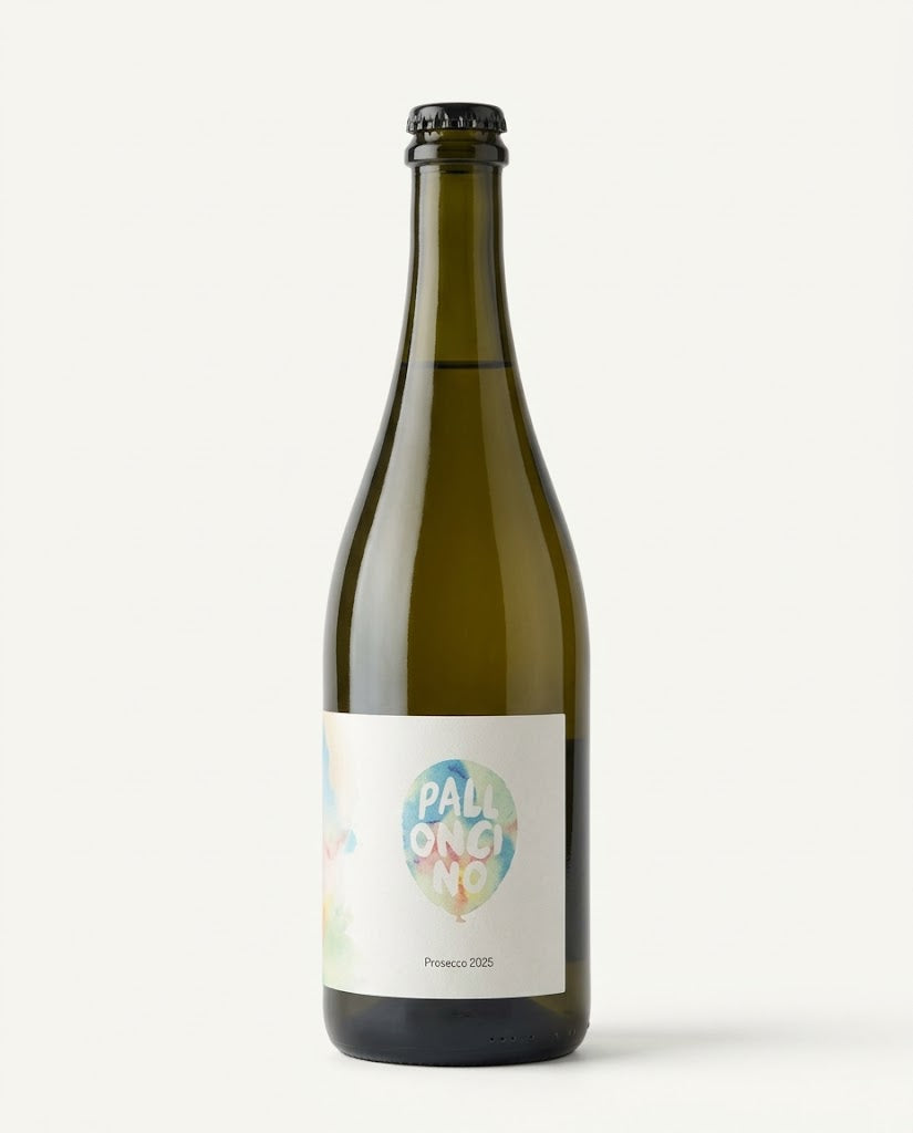 Palloncino Prosecco 2025 bottle, green glass with crown cap and white label with a watercolour balloon