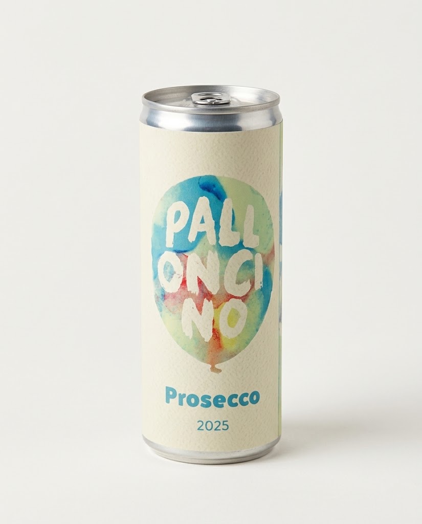 Palloncino Prosecco 250ml can with a watercolour balloon design - From Sunday Winemakers