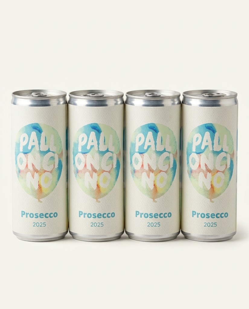 Four Palloncino Prosecco 250ml cans lined up side by side
