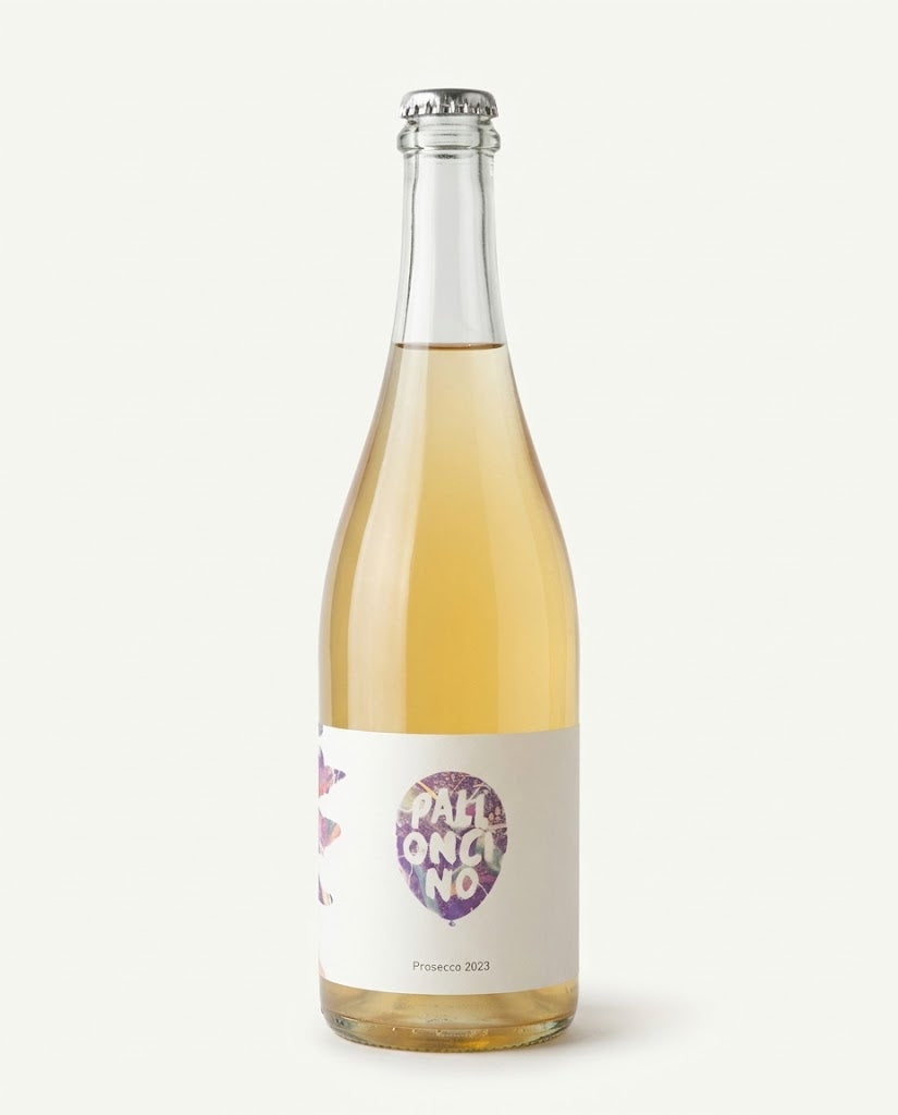 Palloncino Rosé Prosecco bottle with crown cap and Palloncino balloon label - From Sunday Winemakers