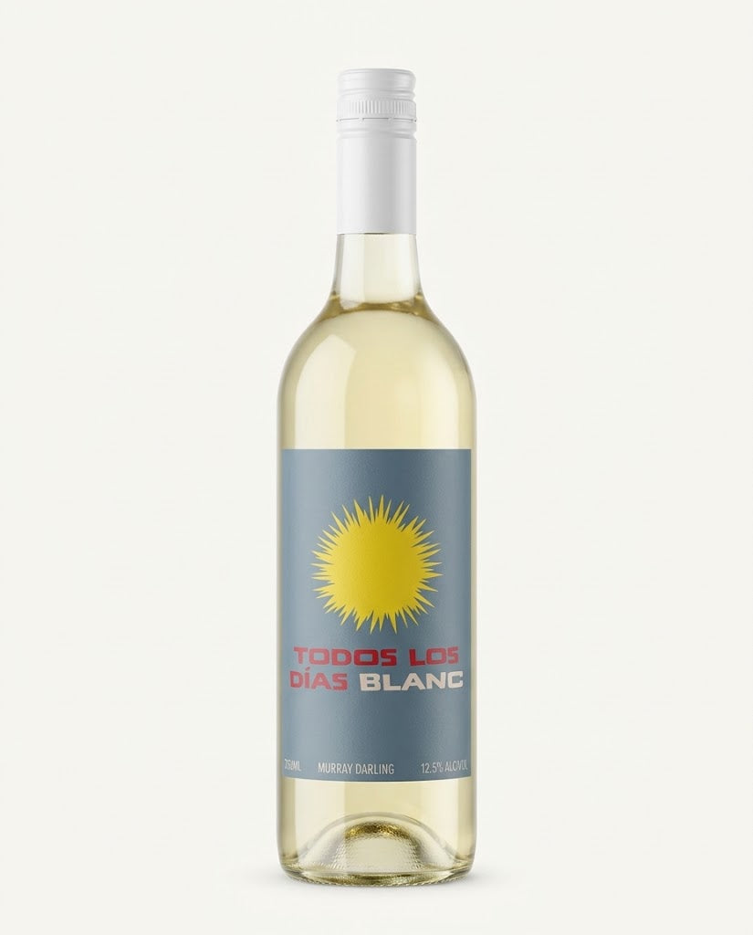 Todos Los Dias Blanc bottle, clear glass with white screwcap and blue label with a yellow sun