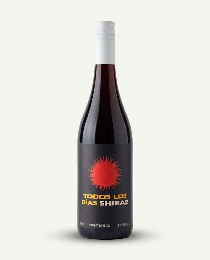 Todos Los Dias Shiraz bottle, dark glass with white screwcap and grey label with a red sun